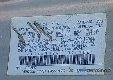 1996 Mitsubishi Eclipse Rs из США, поврежденный, VIN 4A3AK34Y4TE376902